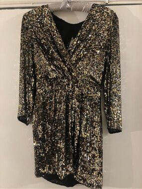 Parker Black and Gold Sequin V-Neck Long Sleeve Dress